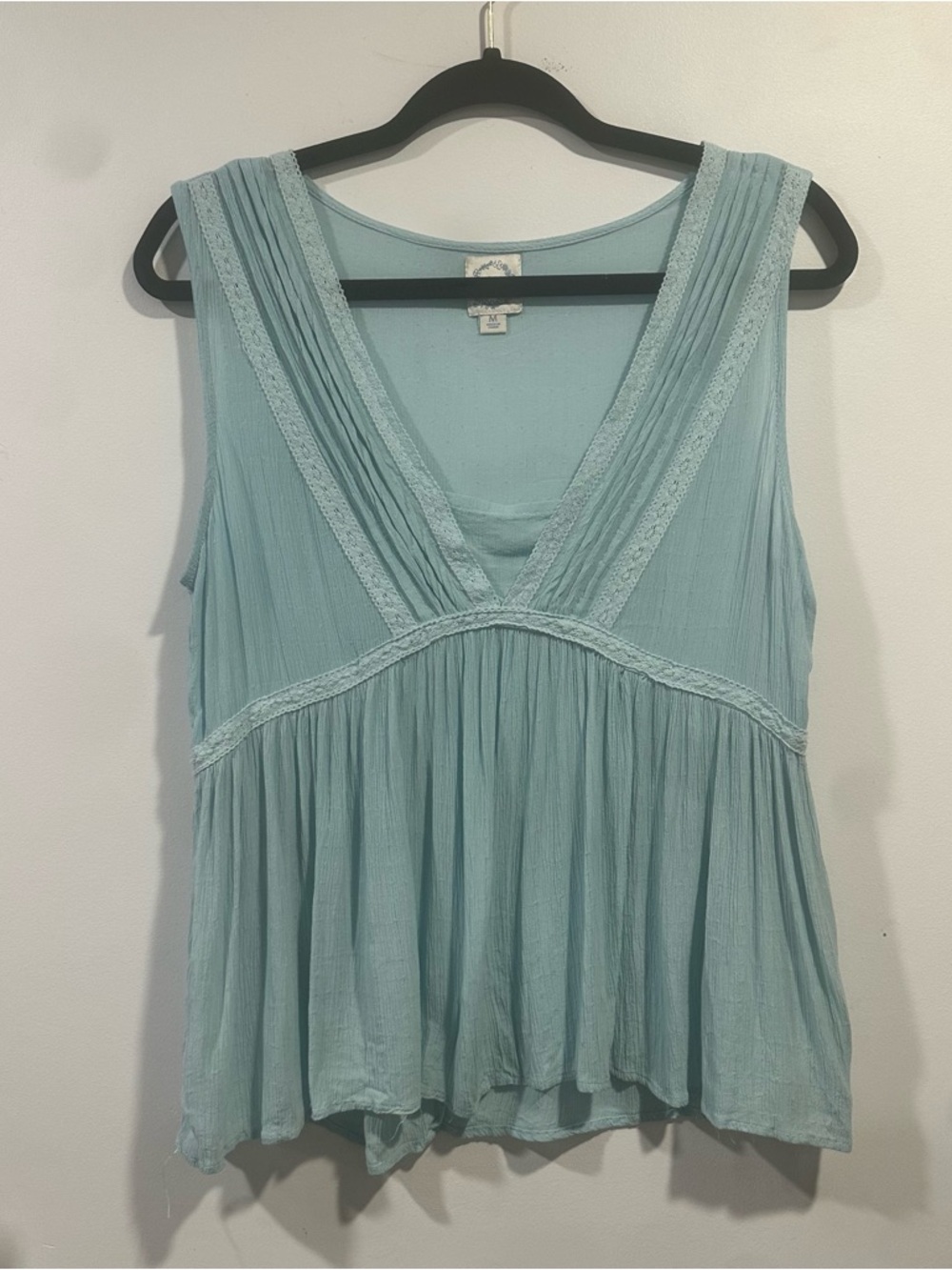 Blue Rain Light Aqua V-Neck Lace Trim Tank boho medium